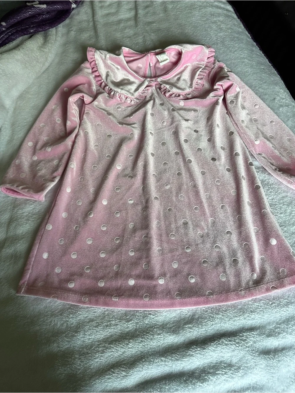 H&M Girls' Pink Polka Dot Velvet Pajama Top with Ruffled Peter Pan Collar